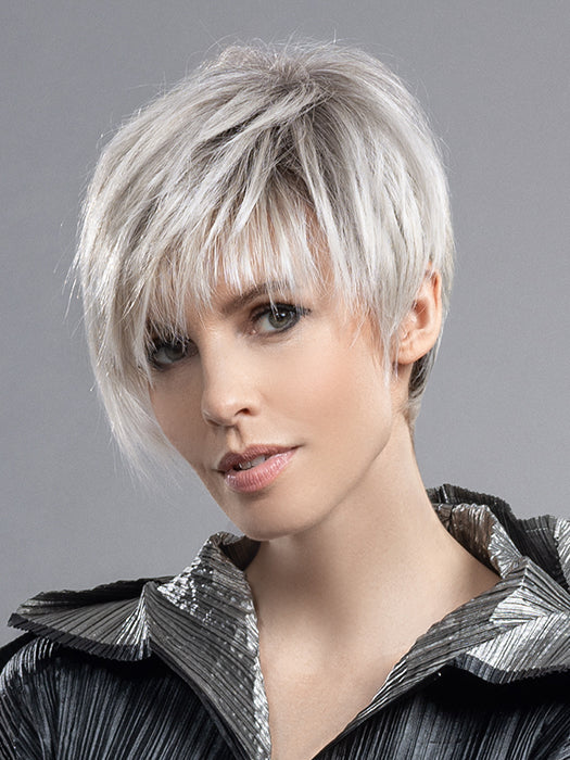 Prime Power Human/Synthetic Hair Blend Wig AMAZE MONO PART by ELLEN WILLE in SILVER BLONDE ROOTED 60.23 | Pearl White and Lightest Pale Blonde Blend with Shaded Roots *This style has been cut for photo shoot