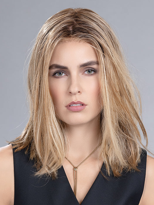 Remy Human Hair Topper FAMOUS by ELLEN WILLE in LIGHT BERNSTEIN ROOTED 12.26.27 | Lightest Brown, Medium Golden Blonde, and Dark Strawberry Blonde with shaded roots