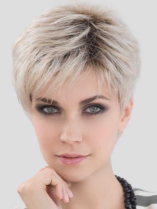 LOVE COMFORT by ELLEN WILLE in LIGHT CHAMPAGNE ROOTED | Light Beige Blonde, Medium Honey Blonde, and Platinum Blonde blend with Dark Roots