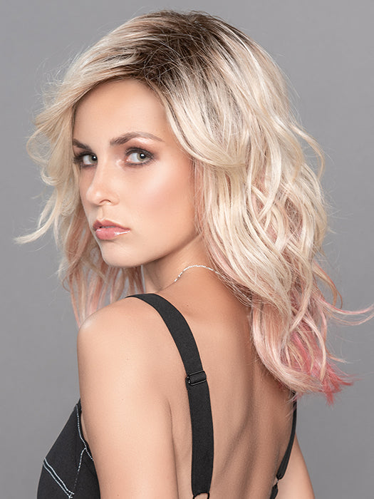 TABU by ELLEN WILLE in ROSE BLONDE ROOTED | Medium Dark Brown Roots that melt into a Pale Golden Blonde with a Mixture of Pink Tones Underneath with Dark Roots